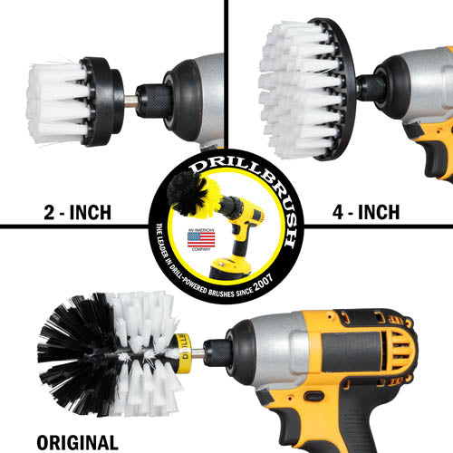 Images of the Drillbrush 2 inch Short, 4 inch, and Original Soft White Home & Auto Brushes in cordless drills.