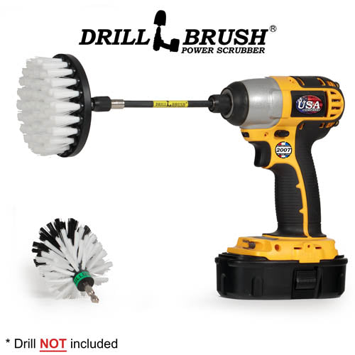 Drillbrush 4M-5X Soft White Home & Auto Brush Kit with a 4 inch brush in a 5 inch extension in a cordless drill.