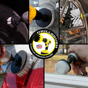 Action images of a Soft White 2 inch Short Drillbrush scrubbing a tire, a 4 inch Flat brush and cone-shaped Corner brush cleaning windows, a 5 inch Flat brush being used on tailights, and an Original brush being used to clean rims.