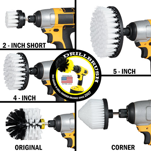 Soft White Original, 4 inch Flat, 5 inch Flat, Cone-shaped Corner, and 2 inch Short Detail Drillbrush brushes each installed on a cordless drill.