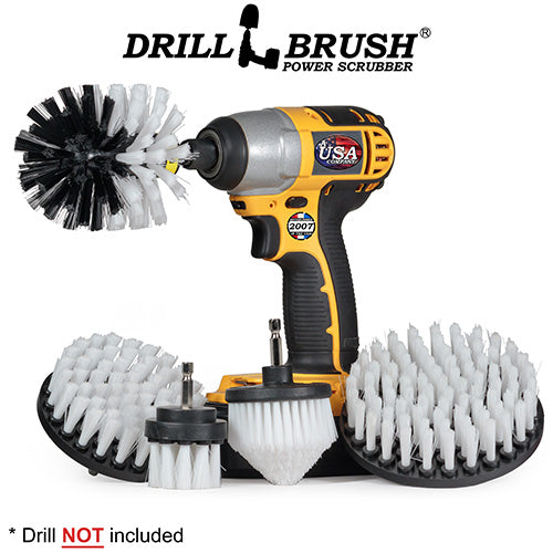 Soft White Original, 4 inch Flat, 5 inch Flat, Cone-shaped Corner, and 2 inch Short Detail Drillbrush brushes pictured with a cordless drill.