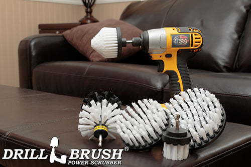 Soft White Drillbrush 542CO kit with a cordless drill on a footrest in a living room.
