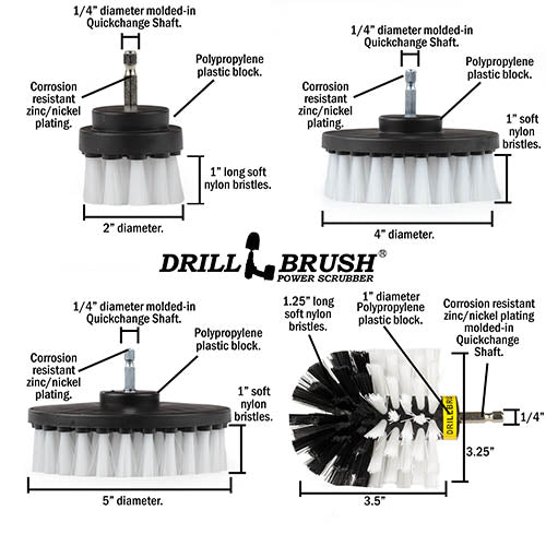 Technical specs and dimensions for the Soft White 2 inch Short Detail, 4 inch Flat, 5 inch Flat, and Original Corner brushes.