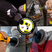 Action shots of a Soft White Original brush cleaning rims, a Soft White 2 inch Short Drillbrush cleaning a tire, a Soft White 4 inch Drillbrush cleaning a window, and a Soft White 5 inch Drillbrush cleaning a tail light.