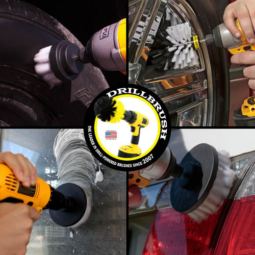 Action shots of a Soft White Original brush cleaning rims, a Soft White 2 inch Short Drillbrush cleaning a tire, a Soft White 4 inch Drillbrush cleaning a window, and a Soft White 5 inch Drillbrush cleaning a tail light.