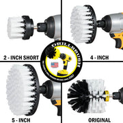 Images of the Drillbrush 2 inch Short, 4 inch, 5 inch, and Original Soft White Home & Auto Brushes in cordless drills.