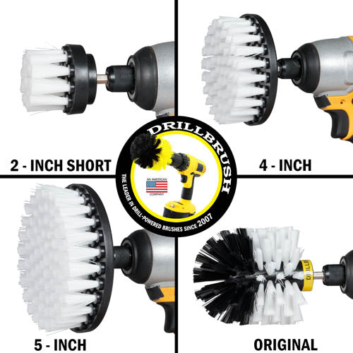 Images of the Drillbrush 2 inch Short, 4 inch, 5 inch, and Original Soft White Home & Auto Brushes in cordless drills.