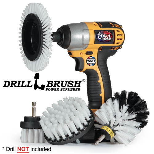 Drillbrush E42O Soft White Home & Auto Brush Kit with an Edge brush in a cordless drill.