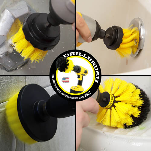 Action shots of a Medium Yellow Original brush cleaning a shower shelf, a Medium Yellow 2 inch Short Drillbrush cleaning an overflow plate, a Medium Yellow 4 inch Drillbrush cleaning tile grout, and a Medium Yellow 2 inch Long cleaning an overflow plate.