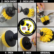 Action shots of a Medium Yellow Original brush cleaning a shower shelf, a Medium Yellow Mini Drillbrush cleaning a sink fixture, a Medium Yellow 2 inch Short and 2 inch Long brushes cleaning overflow plates, a Medium Yellow 4 inch Drillbrush cleaning tile grout, and a Medium Yellow 5 inch Drillbrush cleaning a tub wall.