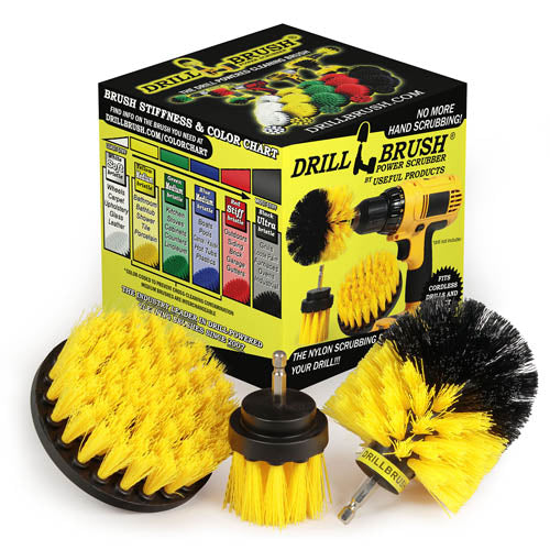 The Drillbrush 4OS-2L Medium Yellow Bathroom Brush Kit in front of the box it comes in.