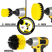 Images of the Drillbrush 2 inch Long, 4 inch, and Original Medium Yellow Bathroom Brushes in cordless drills.
