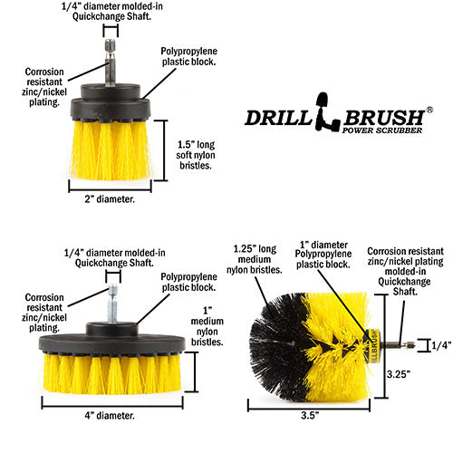 Original, 4in, & 2in-L Yellow Brushes - Medium Bristles - Bathroom & Shower | Y-4OS-2L-QC-DB