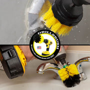 Action shots of a Medium Yellow 2 inch Drillbrush cleaning an overflow plate and a Medium Yellow Mini brush cleaning under a faucet.