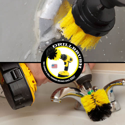 Action shots of a Medium Yellow 2 inch Drillbrush cleaning an overflow plate and a Medium Yellow Mini brush cleaning under a faucet.