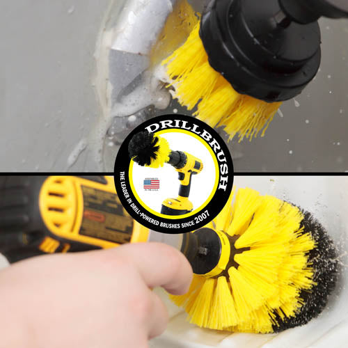 Action shots of a Medium Yellow 2 inch Drillbrush cleaning an overflow plate and a Medium Yellow Original brush cleaning a shower shelf.