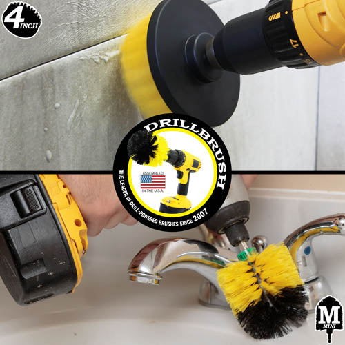 Action shots of a Medium Yellow Mini Drillbrush cleaning a sink fixture and a Medium Yellow 4 inch Drillbrush cleaning tile grout.