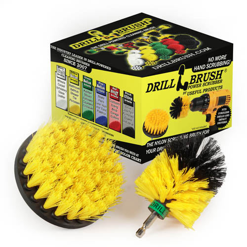 The Drillbrush 4M Medium Yellow Bathroom Brush Kit in front of the box it comes in.