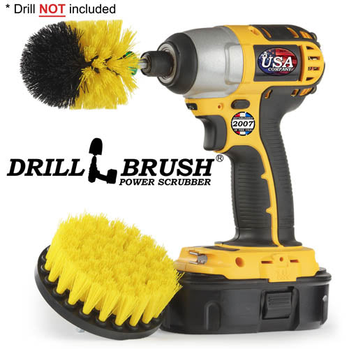 Drillbrush 4M Medium Yellow Bathroom Brush Kit with a Mini brush in a cordless drill.