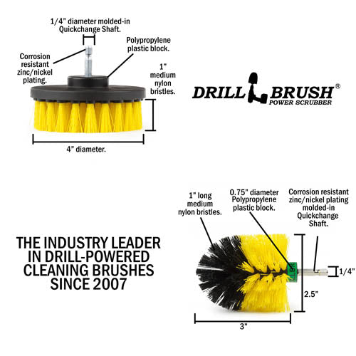 Specs for the Drillbrush 4M Medium Yellow Bathroom Brush Kit.