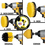Medium Yellow Original, 4 inch Flat, 5 inch Flat, Cone-shaped Corner, and 2 inch Short Detail Drillbrush brushes each installed on a cordless drill.