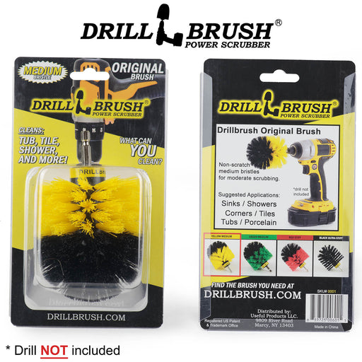 Drillbrush Original Medium Yellow Bathroom Brush in it's blister packaging.