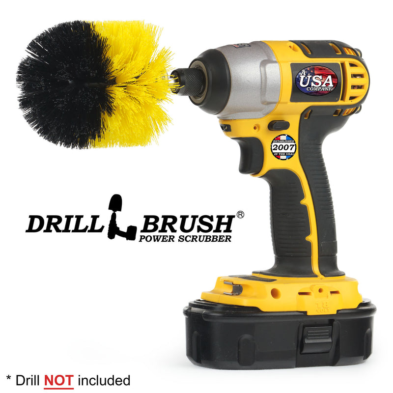 Medium Yellow Original Drillbrush in a cordless drill.
