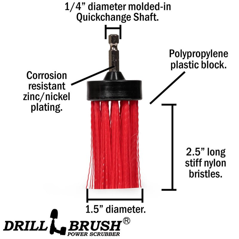 1in Red Brush - High Stiffness - Long Bristles - Outdoor & Patio Spot Cleaning | 1in-L-R-QC-DB
