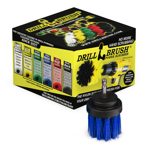 The Medium Blue 2 inch Long in front of Drillbrush packaging.