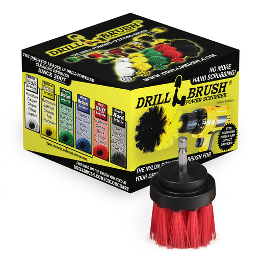 The Stiff Red 2 inch Long in front of Drillbrush packaging.
