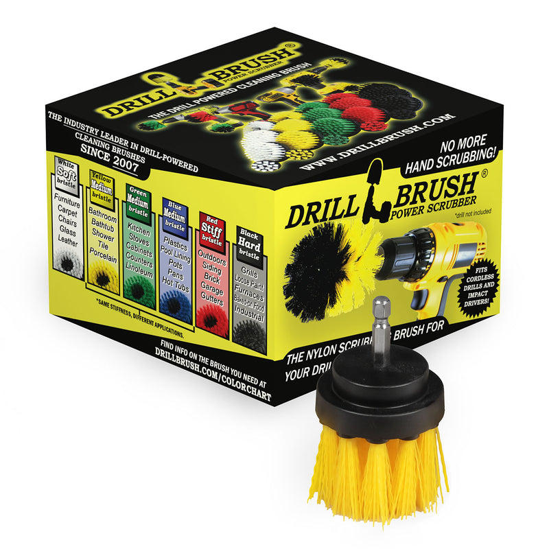 The Medium Yellow 2 inch Long in front of Drillbrush packaging.