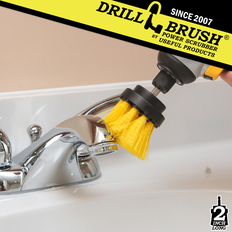 Drillbrush 2 inch Long Medium Yellow Bathroom Brush cleaning a tub overflow plate.