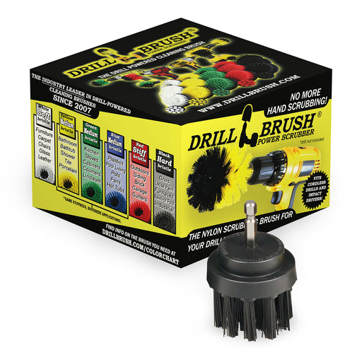 Ultra Stiff Black 2 inch Short Drillbrush in front of it's packaging.