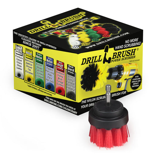 The Stiff Red 2 inch Long in front of Drillbrush packaging.