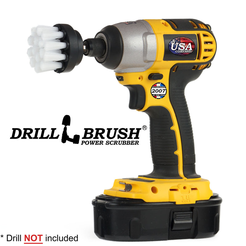 Drillbrush 2 inch Short Soft White Home and Automotive Brush in a cordless drill.