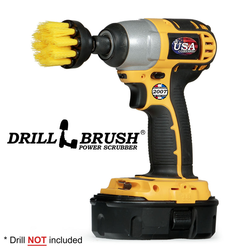 Drillbrush 2 inch Short Medium Yellow Bathroom Brush in a cordless drill.
