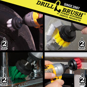 Action shots of a Soft White 2 inch Short Drillbrush cleaning a tire, a Medium Yellow 2 inch Short Drillbrush cleaning an overflow plate , a Medium Green 2 inch Short Drillbrush cleaning a sink fixture, and a Stiff Red 2 inch Short Drillbrush cleaning deck railings.