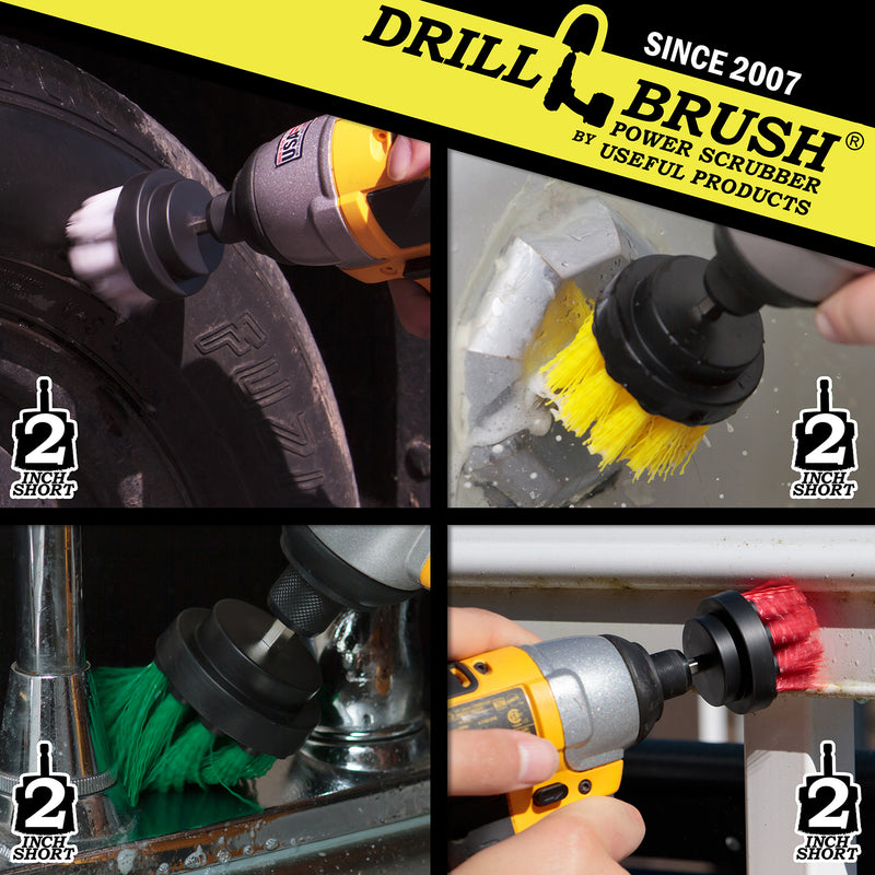 Action shots of a Soft White 2 inch Short Drillbrush cleaning a tire, a Medium Yellow 2 inch Short Drillbrush cleaning an overflow plate , a Medium Green 2 inch Short Drillbrush cleaning a sink fixture, and a Stiff Red 2 inch Short Drillbrush cleaning deck railings.