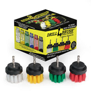 The Drillbrush Soft White, Medium Yellow, Medium Green, and Stiff Red 2 inch Short 4-piece Variety Brush Kit in front of the box it comes in.