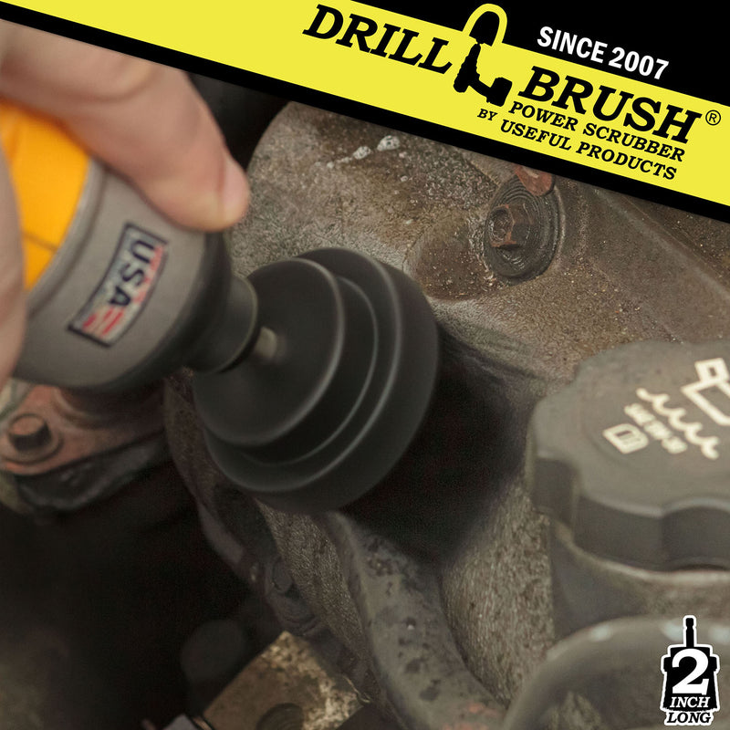 Drillbrush 2 inch Short Ultra Stiff Black Grill & Industrial Brush cleaning an engine block.