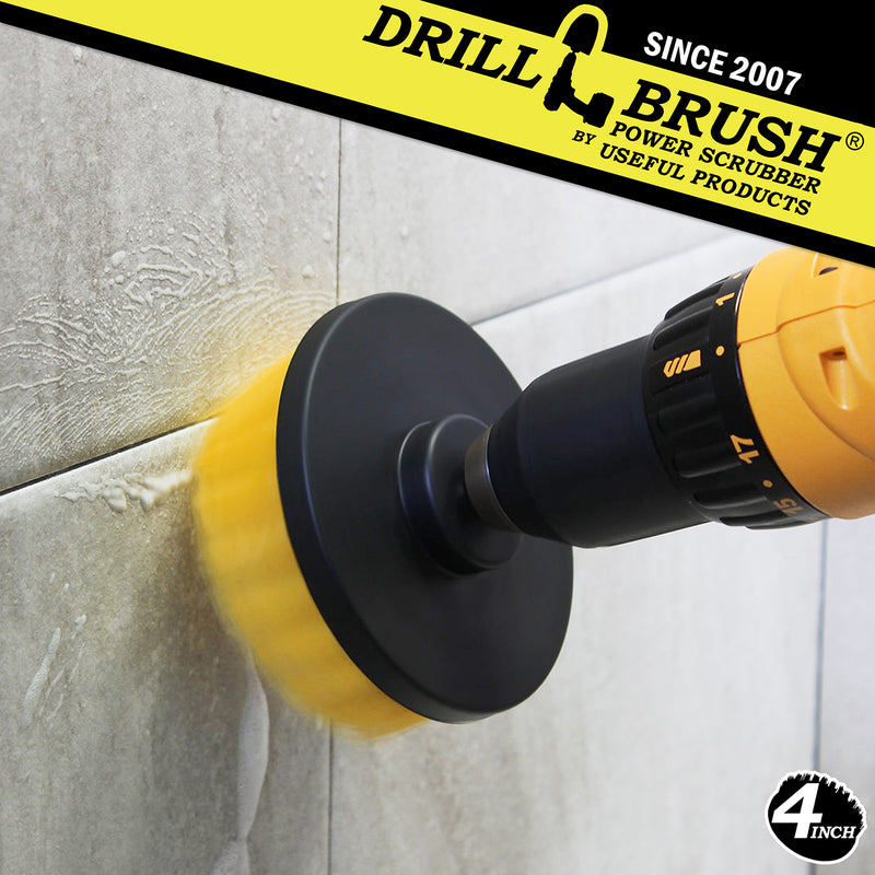 Drillbrush 4 inch Medium Yellow Bathroom Brush cleaning tile grout on a shower wall.