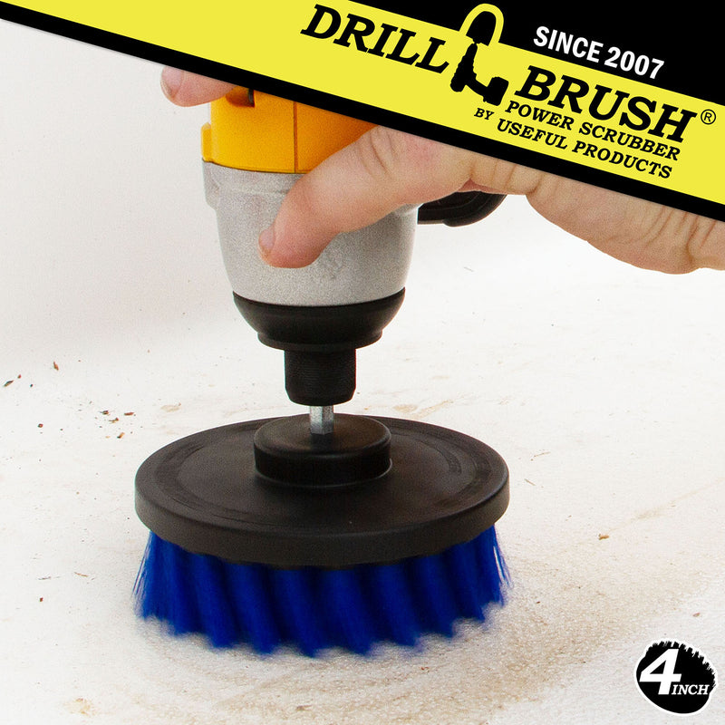 Drillbrush 4 inch Medium Blue Marine & Pool Brush cleaning the stern of a boat.