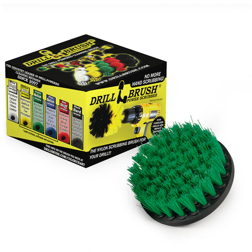 Drillbrush 4 inch Medium Green Kitchen Brush in front of it's packaging.