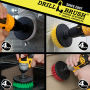 Soft White 4 inch Flat Drillbrush cleaning a window, Medium Yellow 4 inch Flat Drillbrush scrubbing tile grout, Medium Green 4 inch Flat Drillbrush cleaning a sink, and a Stiff Red 4 inch Flat Drillbrush cleaning siding.