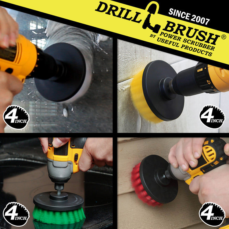 Soft White 4 inch Flat Drillbrush cleaning a window, Medium Yellow 4 inch Flat Drillbrush scrubbing tile grout, Medium Green 4 inch Flat Drillbrush cleaning a sink, and a Stiff Red 4 inch Flat Drillbrush cleaning siding.
