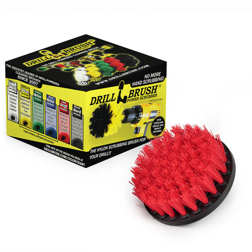 Drillbrush 4 inch Stiff Red Outdoor and Patio Brush in front of it's packaging.