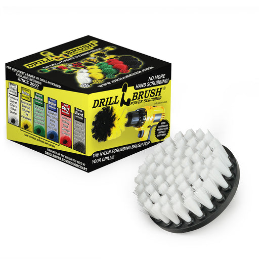 Drillbrush 4 inch Soft White Home and Office  Brush in front of it's packaging.