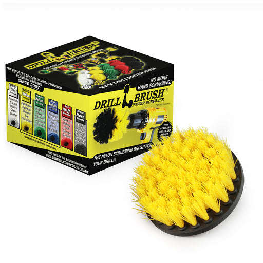 Drillbrush 4 inch Medium Yellow Bathroom Brush in front of it's packaging.