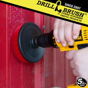 Drillbrush 5 inch Hex Stiff Red Outdoor and Patio Brush in a cordless drill cleaning metal siding.