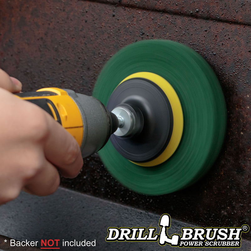 The Drillbrush Abrasive Green 5 inch Scrubbing Pad attached to a 3 inch backer (not included) cleaning the inside of a grill's hood.